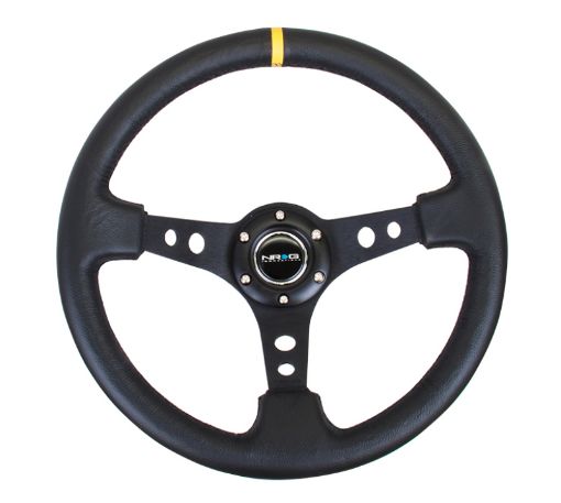 Picture of NRG Reinforced Steering Wheel (350mm 3in. Deep) Blk Leather wBlk Cutout SpokeYellow Center Mark