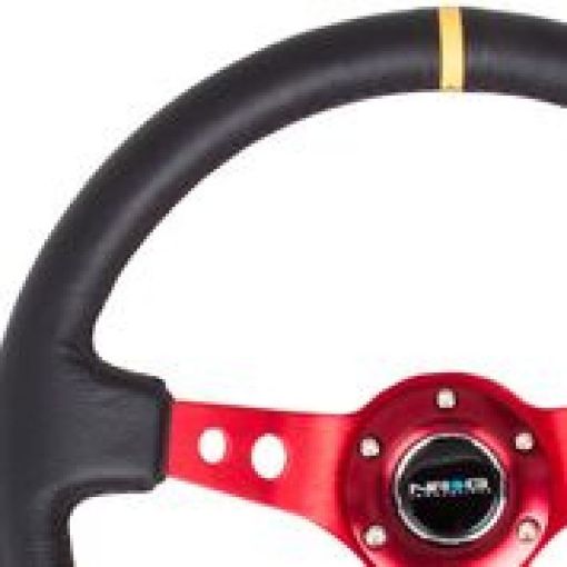 Picture of NRG Reinforced Steering Wheel (350mm 3in. Deep) Blk Leather wRed Spokes Sgl Yellow Center Mark