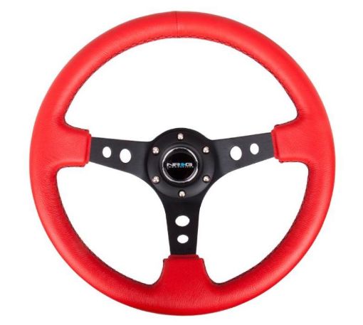 Picture of NRG Reinforced Steering Wheel (350mm 3in. Deep) Red LeatherBlk Stitch wBlk Circle Cutout Spokes