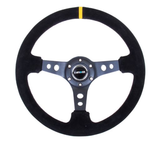 Picture of NRG Reinforced Steering Wheel (350mm 3in. Deep) Blk Suede wCircle Cut Spokes Single Yellow CM