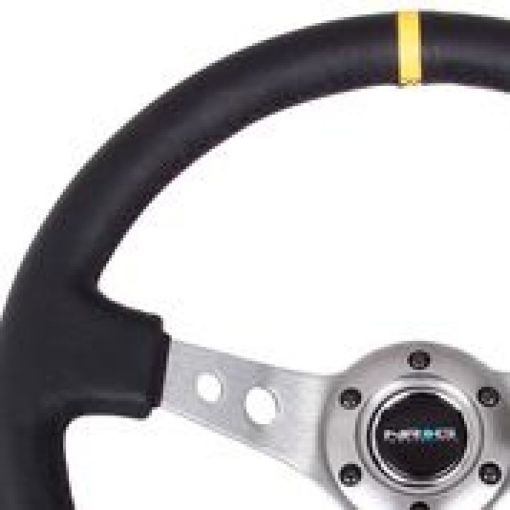 Picture of NRG Reinforced Steering Wheel (350mm 3in. Deep) Blk Leather wGunmetal Cutout Spoke Yellow CM