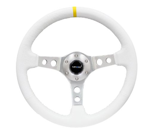 Picture of NRG Reinforced Steering Wheel (350mm 3in. Deep) Wht Leather wSilver Spoke Single Yellow Mark
