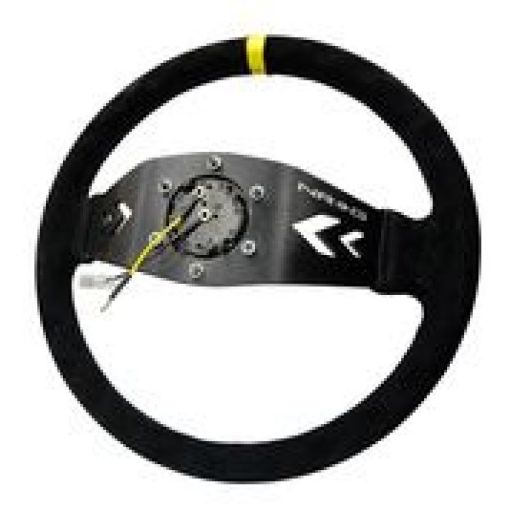 Picture of NRG Reinforced Steering Wheel (350mm 3in. Deep) Blk Suede wNRG Arrow Cut 2 - Spoke Yellow Mark