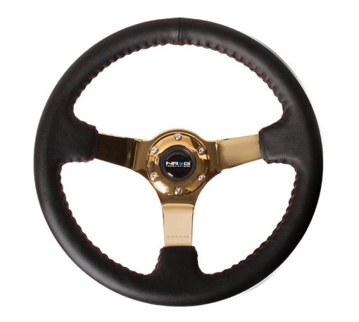 Picture of NRG Reinforced Steering Wheel (350mm 3in. Deep) Blk LeatherRed BBall Stitch w4mm Gold Spokes