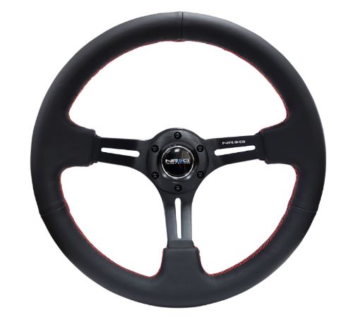 Picture of NRG Reinforced Steering Wheel (350mm 3in. Deep) Black LeatherRed Stitch Blk 3 - Spoke wSlits