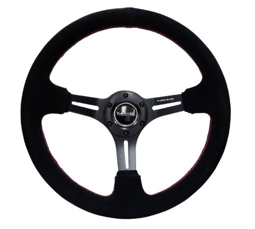 Picture of NRG Reinforced Steering Wheel (350mm 3in. Deep) Blk Suede wRed Stitching 5mm Spokes wSlits