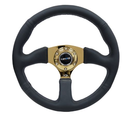 Picture of NRG Reinforced Steering Wheel (350mm 2.5in. Deep) Leather Race Comfort Grip w4mm Gold Spokes