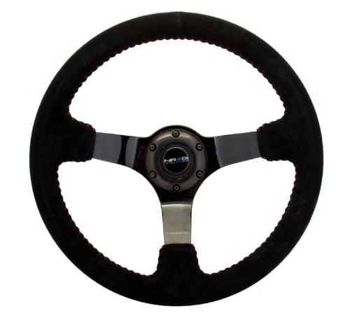 Picture of NRG Reinforced Steering Wheel (350mm 3in. Deep) Blk Suede wRed BBall Stitch Black 3 - Spoke