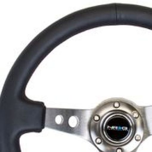 Picture of NRG Reinforced Steering Wheel (350mm 3in. Deep) Blk Leather wGunmetal Circle Cutout Spokes