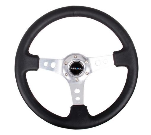 Picture of NRG Reinforced Steering Wheel (350mm 3in. Deep) Blk Leather wSilver Spoke Circle Cutouts