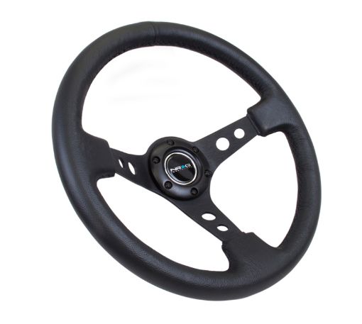 Picture of NRG Reinforced Steering Wheel (350mm 3in. Deep) Blk Leather wBlk Spoke Circle Cutouts