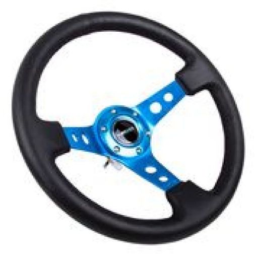 Picture of NRG Reinforced Steering Wheel (350mm 3in. Deep) Blk Leather wBlue Circle Cutout Spokes