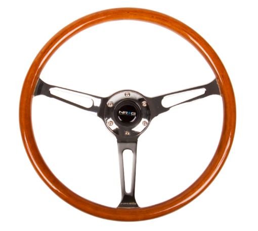 Picture of NRG Reinforced Steering Wheel (360mm) Classic Wood Grain wChrome Cutout 3 - Spoke Center