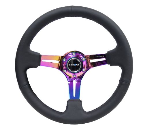 Picture of NRG Reinforced Steering Wheel (350mm 3in. Deep) Blk LeatherBlk Stitch wNeochrome Slits