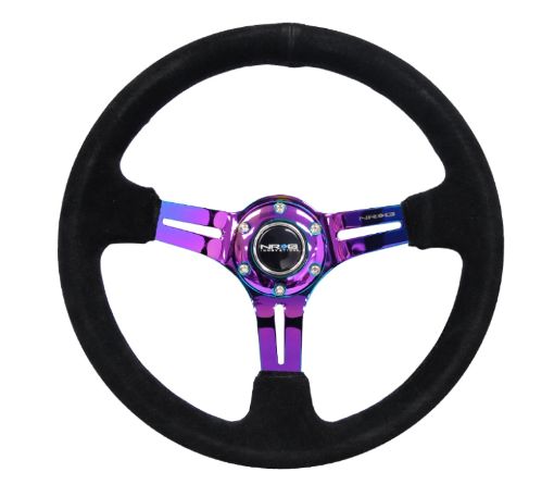 Picture of NRG Reinforced Steering Wheel (350mm 3in. Deep) Blk SuedeBlk Stitch wNeochrome Slits