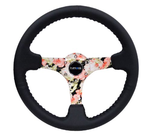 Picture of NRG Reinforced Steering Wheel (350mm 3in. Deep) Blk Leather Floral Dipped w Blk Baseball Stitch