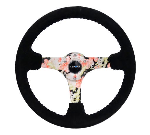 Picture of NRG Reinforced Steering Wheel (350mm 3in. Deep) Blk Suede Floral Dipped w Blk Baseball Stitch
