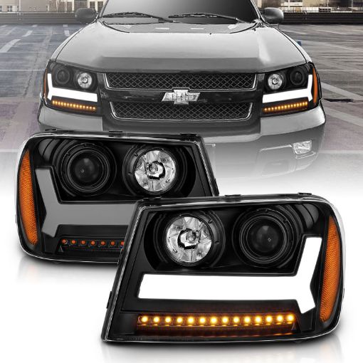 Picture of ANZO 2006 - 2009 Chevrolet Trailblazer Projector Headlights w Plank Style Design Black w Amber