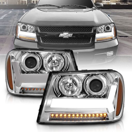 Picture of ANZO 2006 - 2009 Chevrolet Trailblazer Projector Headlights w Plank Style Design Chrome w Amber