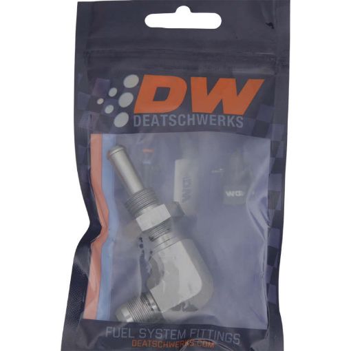 Picture of DeatschWerks 6AN Male Flare To 516in. Male Barb Bulkhead Adapter 90 - Degree (Incl. Nut)