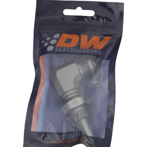 Picture of DeatschWerks 8AN Male Flare To 516in. Male Barb Bulkhead Adapter 90 - Degree (Incl. Nut)