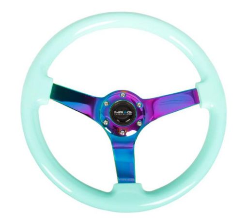 Picture of NRG Reinforc Steering Wheel (350mm 3in. Deep) Minty Fresh Wood Grain wNeochrome 3 - Spoke Center
