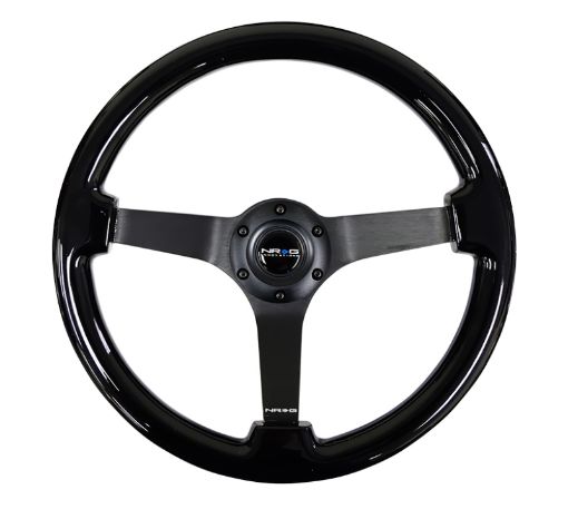 Picture of NRG Reinforced Steering Wheel (350mm 3in. Deep) Black wBlack Chrome Solid 3 - Spoke Center