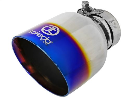 Picture of aFe Takeda 304 Stainless Steel Clamp - On Exhaust Tip 2.5in. Inlet 4.5in. Outlet - Blue Flame