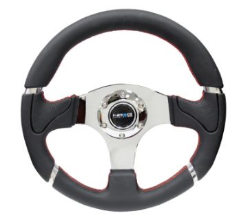 Picture of NRG Reinforced Steering Wheel (320mm) Blk LeatherRed Stitching wChrome 3 - Spoke Center