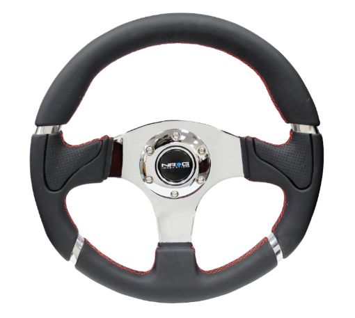 Picture of NRG Reinforced Steering Wheel (320mm) Blk LeatherRed Stitching wChrome 3 - Spoke Center