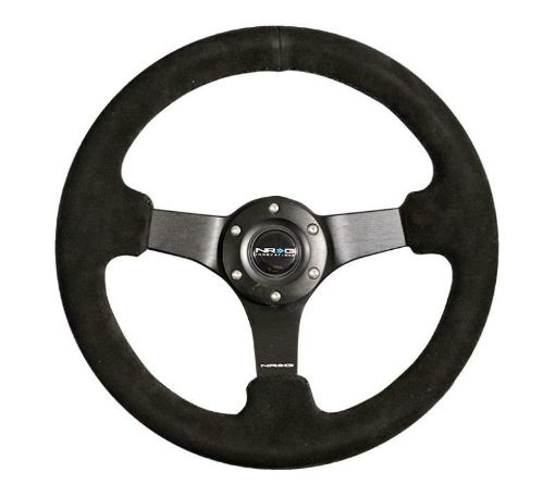 Picture of NRG Reinforced Steering Wheel (330mm 3in Deep) Blk Suede wCriss Cross Stitch wBlk 3 - Spoke Center