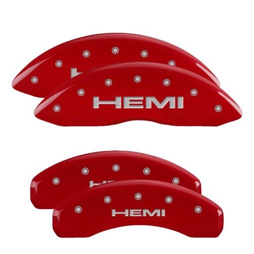 Picture of MGP 4 Caliper Covers Engraved Front HEMI Engraved Rear HEMI Logo Red Finish Silver Characters