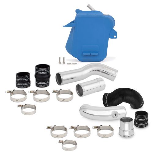 Picture of Mishimoto 11 - 16 Ford 6.7L Powerstroke Air - To - Water Intercooler Kit - Wrinkle Blue w Polished Pipes