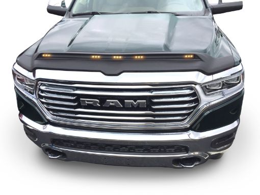 Picture of AVS 2019 Dodge Ram 1500 Aeroskin Low Profile Hood Shield w Lights - Black
