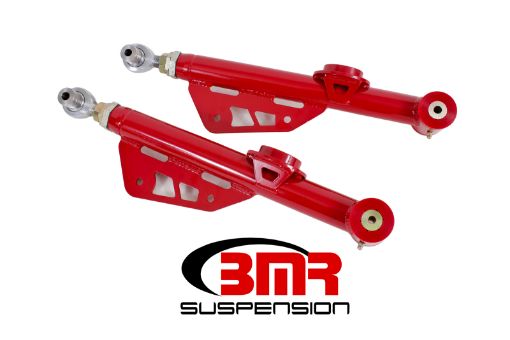 Picture of BMR 79 - 98 Fox Mustang On - Car Adj. Lower Control Arms Rod End Combo (Polyurethane) - Red