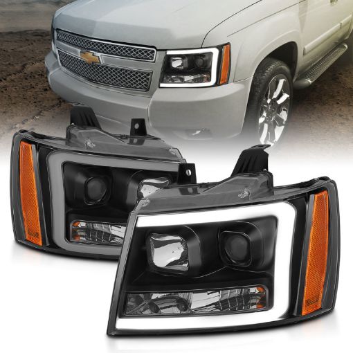 Picture of ANZO 07 - 14 Chevy Tahoe Projector Headlights w Plank Style Design Black w Amber