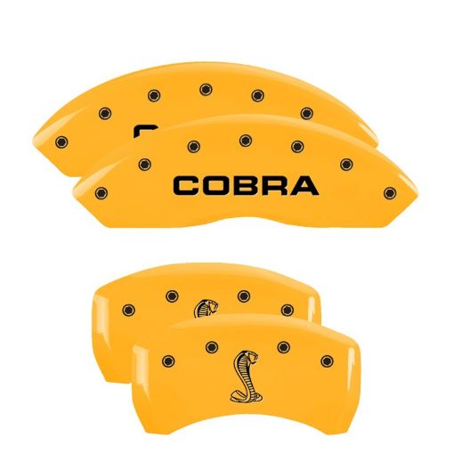 Picture of MGP 4 Caliper Covers Engraved Front Cobra Rear Snake Yellow Finish Black Char 2008 Ford Mustang