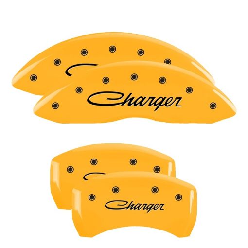Picture of MGP 4 Caliper Covers Engraved F R CursiveCharger Yellow Finish Black Char 2006 Dodge Charger