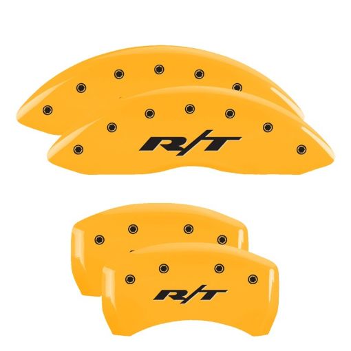 Picture of MGP 4 Caliper Covers Engraved Front Rear RT1 - Truck Yellow Finish Black Char 2007 Dodge Charger