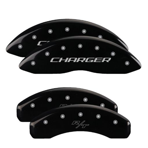 Picture of MGP 4 Caliper Covers Engraved Front Charger Rear RT Black Finish Silver Char 2016 Dodge Challenger