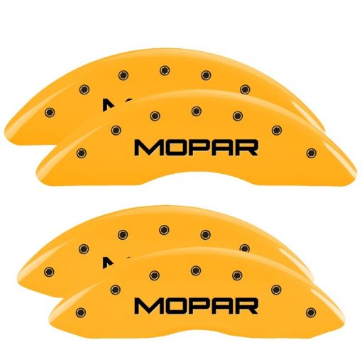 Picture of MGP 4 Caliper Covers Engraved Front Rear Mopar Yellow Finish Black Char 2010 Dodge Ram 2500