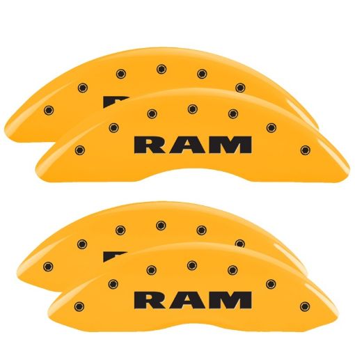 Picture of MGP 4 Caliper Covers Engraved Front Rear Ram Yellow Finish Black Char 2010 Dodge Ram 2500
