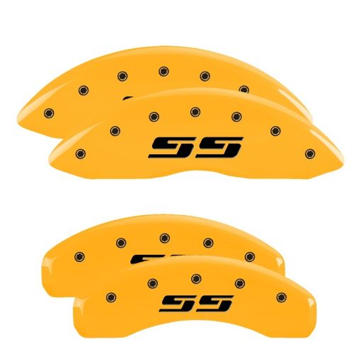 Picture of MGP 4 Caliper Covers Engraved Front Rear Silverado SS Yellow Finish Black Char 2001 Chevy Tahoe