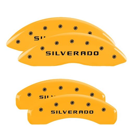 Picture of MGP 4 Caliper Covers Engraved Front Rear Silverado Yellow Finish Blk Char 02 Chevy Avalanche 2500