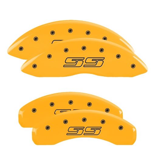 Picture of MGP 4 Caliper Covers Engraved F R Avalanche SS Yellow Finish Blk Char 2008 Chevy Express 2500