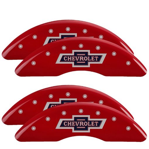 Picture of MGP 4 Caliper Covers Engraved F R 100th Anniv Red Finish Silver Char 2019 Chevy Silverado 3500 HD