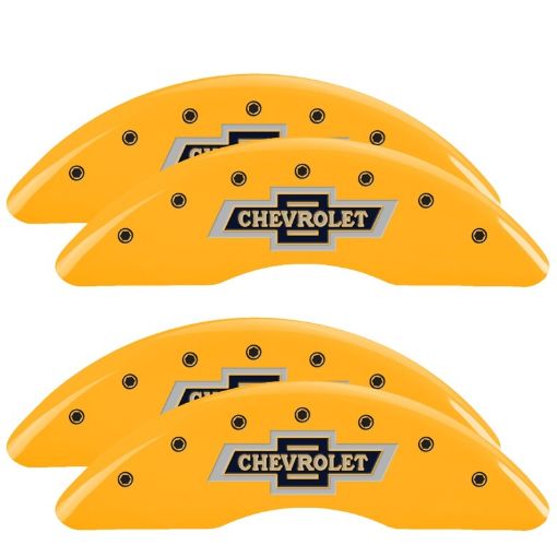 Picture of MGP 4 Caliper Covers Engraved F R 100th Anniv Yellow Finish Black Char 2019 Chevy Silverado 2500HD
