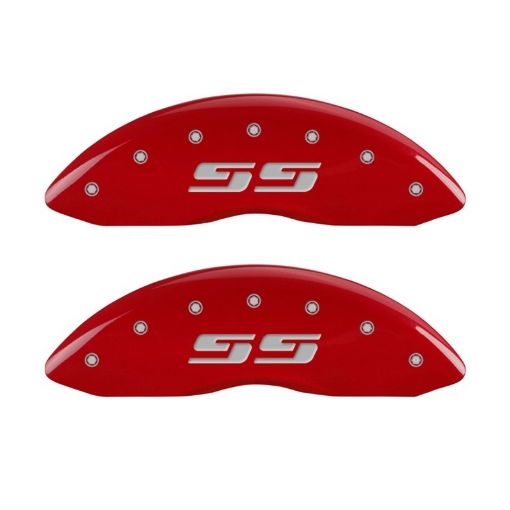 Picture of MGP 2 Caliper Covers Eng Front Silverado SS Red Finish Sil Char 2010 Chevy Silverado 1500