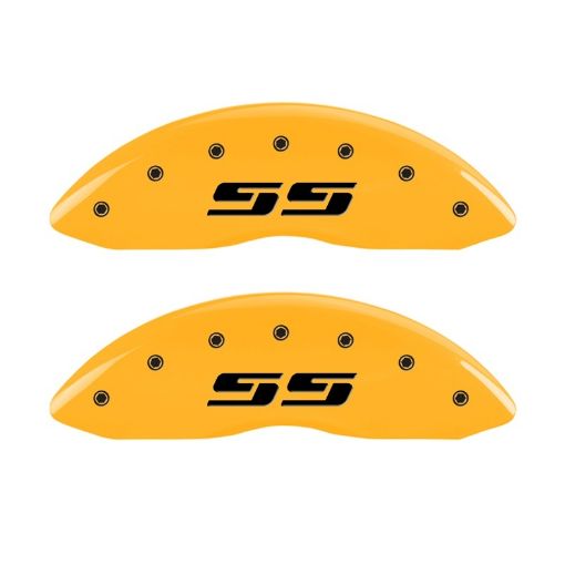 Picture of MGP 2 Caliper Covers Engraved Silverado SS Yellow Finish Blk Char 10 Chevy Silverado 1500