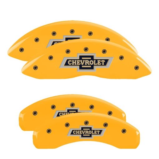 Picture of MGP 4 Caliper Covers Engraved F R 100 Anniversary Yellow Finish Black Char 2019 Chevrolet Tahoe